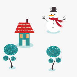 冬季雪人树木房子素材