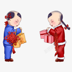 新春直播间礼物两个提着礼物互相拜年的小孩高清图片