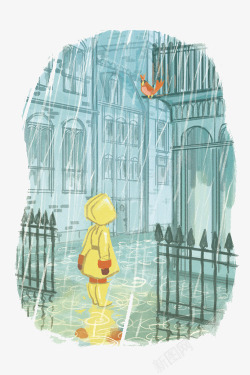 手绘站在雨中的女孩素材