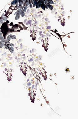 古色古香蜜蜂与紫藤高清图片