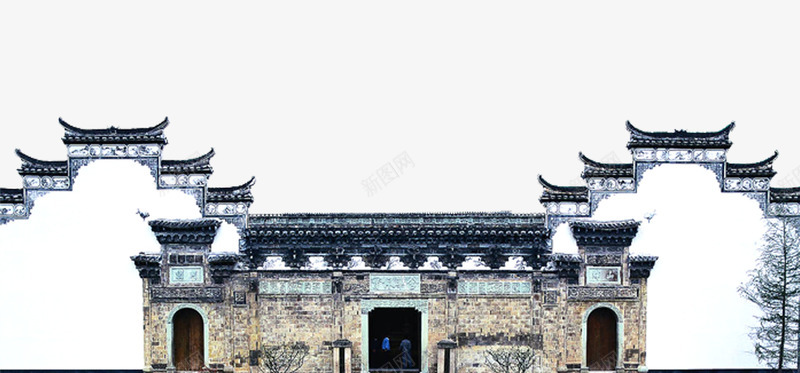 徽式古建筑png免抠素材_88icon https://88icon.com 中国风 古代建筑 正门 灰瓦 白墙