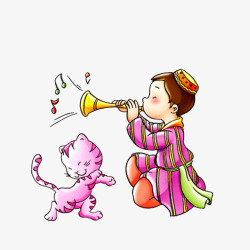 卡通新疆人听着音乐起舞的小猫高清图片