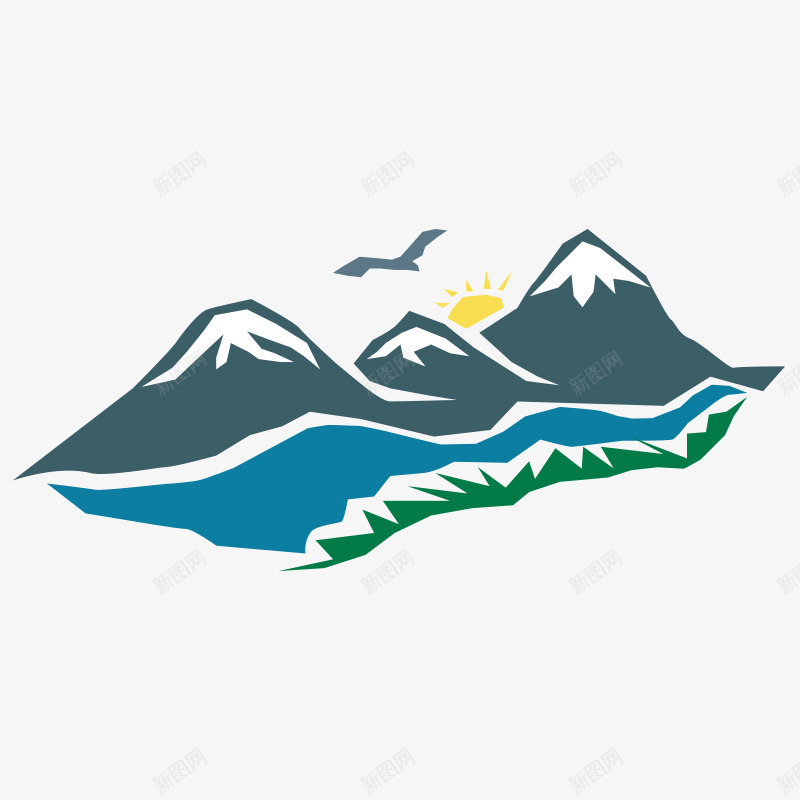 雪山png免抠素材_88icon https://88icon.com 大雁 太阳 山 河流 绿色 草地 雪山