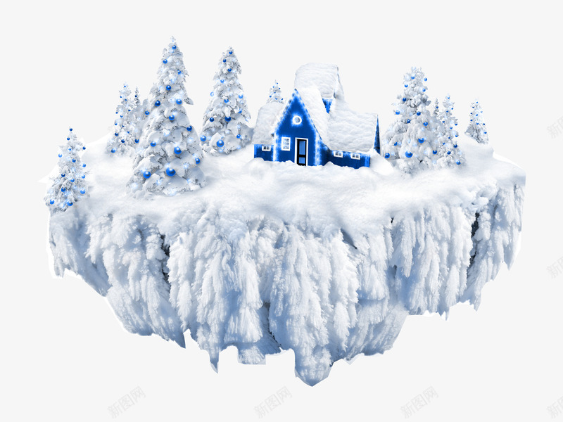 冰雪小屋png免抠素材_88icon https://88icon.com 冰天雪地 蓝色房子 被雪盖住的圣诞树