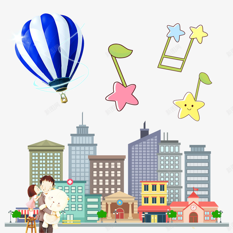 城市和音乐png免抠素材_88icon https://88icon.com 卡通 城市 父女 蓝色热气球 音符