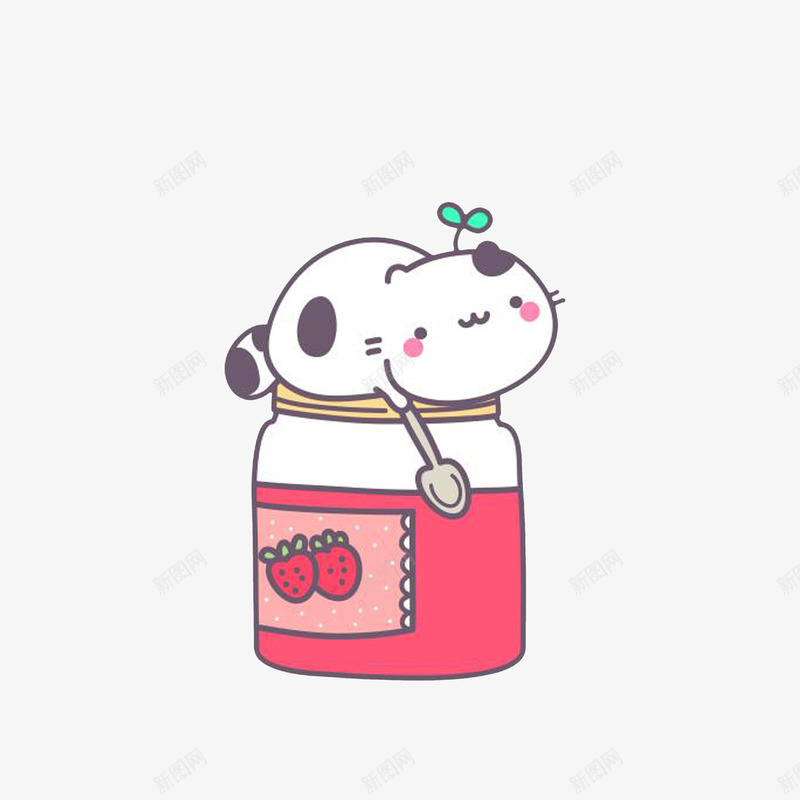 卡通趴在草莓酱瓶子上的小猫png免抠素材_88icon https://88icon.com 拿着勺子的小猫 罐头标签 罐头瓶 草莓酱瓶 趴着的小猫