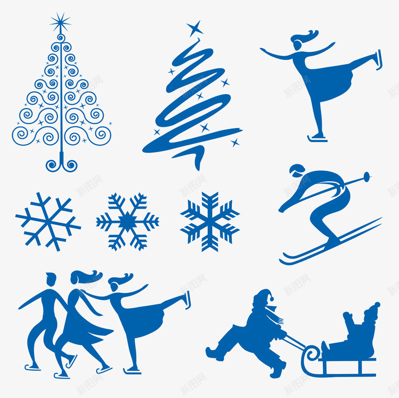 蓝色图案png免抠素材_88icon https://88icon.com 人 圣诞树 溜冰 滑雪 雪花