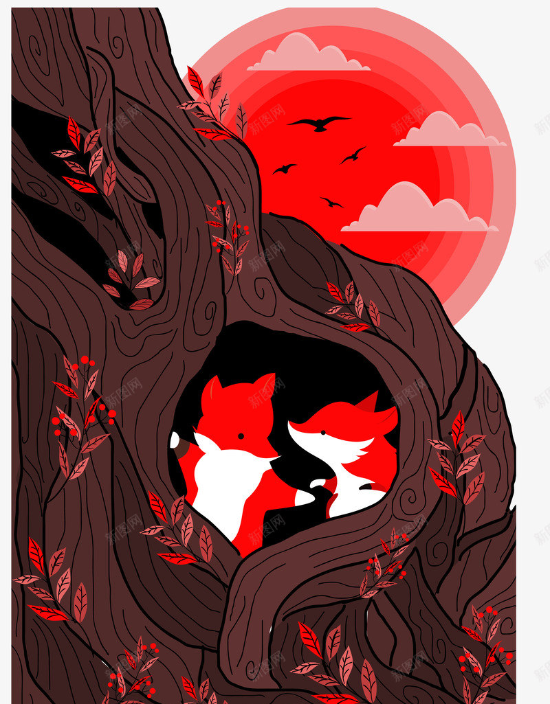 树洞里的狐狸矢量图ai免抠素材_88icon https://88icon.com 两只狐狸 大树 小鸟飞翔 日落 树叶 树洞 狐狸 白云 矢量图
