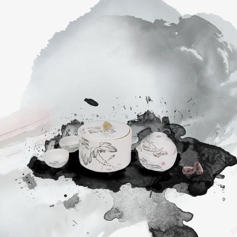 水墨风情陶瓷包装宣传png免抠素材_88icon https://88icon.com 中国风 水墨画 海报宣传 陶瓷制品 陶瓷包装 陶瓷茶具