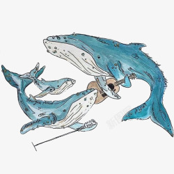 手绘蓝色的座头鲸一家唱歌弹琴快素材