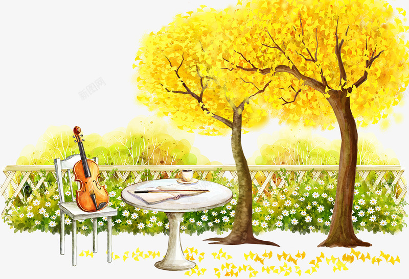 吉他和桌椅png免抠素材_88icon https://88icon.com 卡通桌椅 吉他 小树 手绘风景 桌椅 水彩风景 水彩风景画