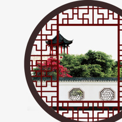 绿树林装饰园林窗外的中国风凉亭高清图片
