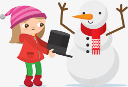 冬季装扮给雪人帽子的女孩高清图片