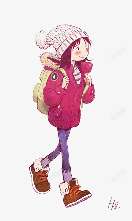 女生png免抠素材_88icon https://88icon.com 卡通 小姑娘 帽子 手绘 红色外套 背包