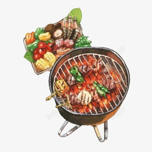 烤肉色彩画片psd免抠素材_88icon https://88icon.com 手绘食物 烤肉 烧烤架 蔬菜