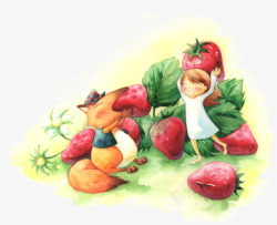手绘草莓水果女孩素材