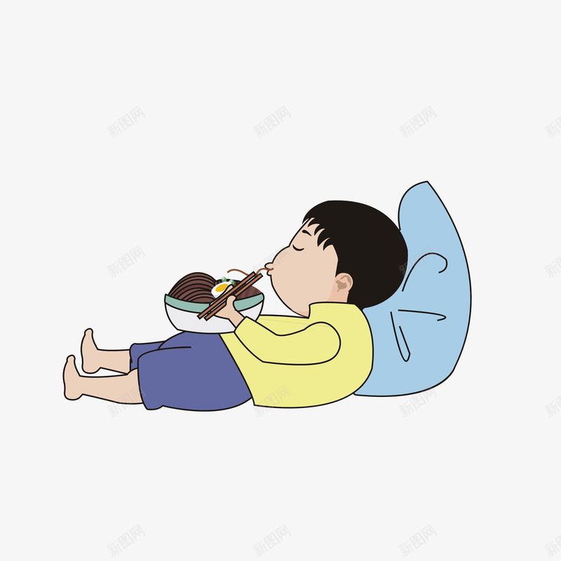 卡通躺着吃面的男孩png免抠素材_88icon https://88icon.com 享受表情 卡通男孩 炸酱面 背靠枕头 躺着吃面