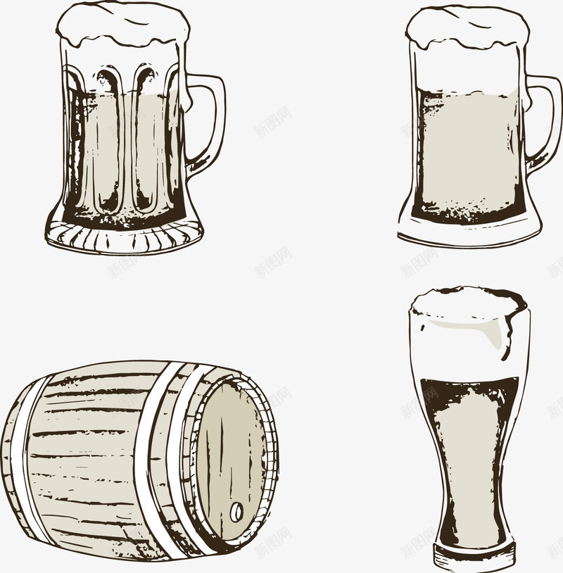 手绘3个啤酒杯和一个木酒桶png免抠素材_88icon https://88icon.com 啤酒杯 手绘 酒桶