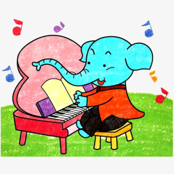 绿草音符弹钢琴的小象彩色绘画高清图片