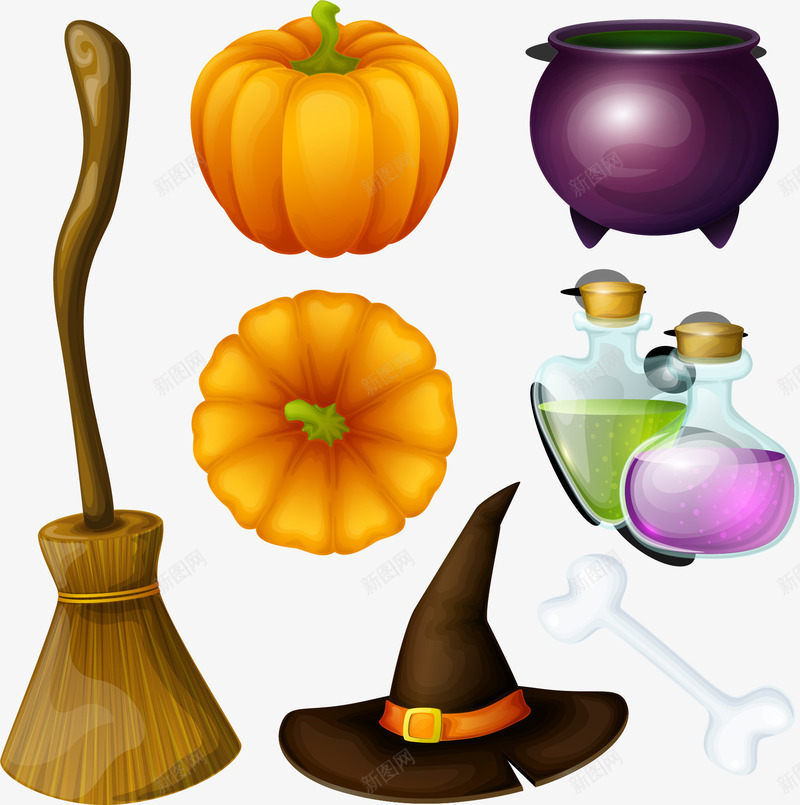 巫师用品万圣节元素png免抠素材_88icon https://88icon.com 万圣节 南瓜 巫师用品 帽子 扫把 骨头