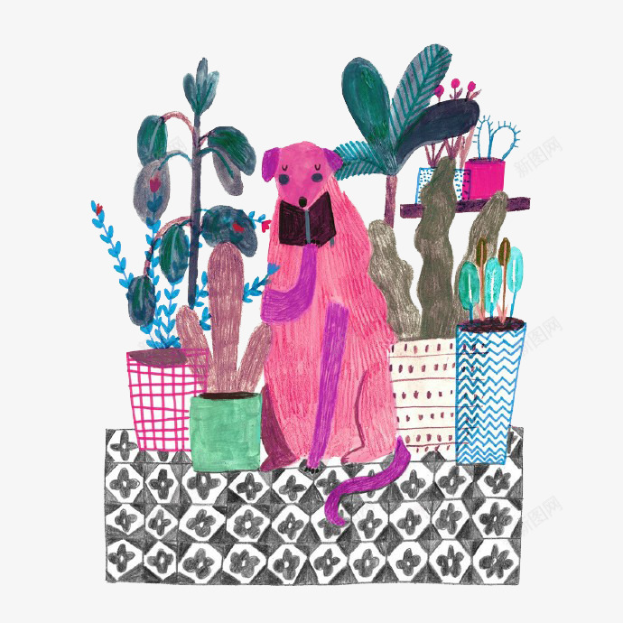 卡通盆栽和狗png免抠素材_88icon https://88icon.com 宠物 小狗 盆栽 阳台