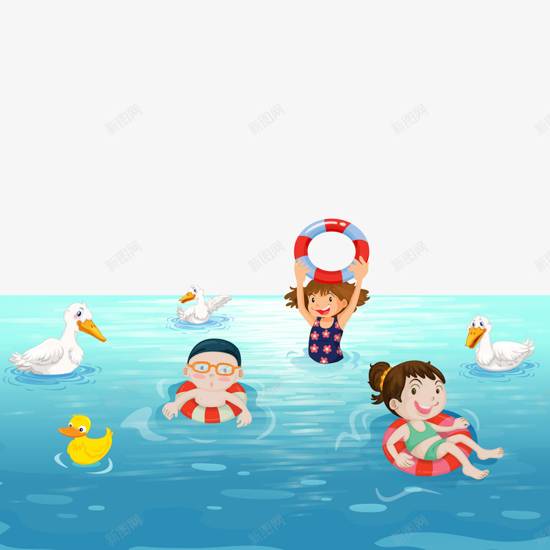 游泳的孩子们矢量图ai免抠素材_88icon https://88icon.com 人物设计 儿童生活节 孩子 游泳 鸭子 矢量图