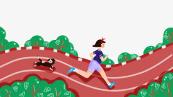 红色的树木卡通手绘晨跑运动的女孩高清图片