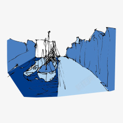 蓝色帆船河流风景插画矢量图素材