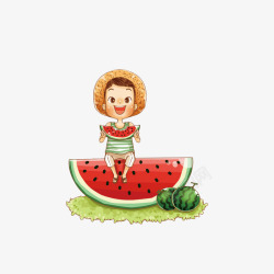 吃西瓜的小孩插画夏天漫画男孩坐在西瓜上吃西瓜高清图片
