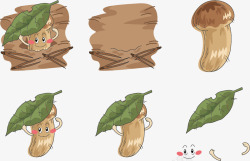手绘叶子蘑菇表情矢量图素材