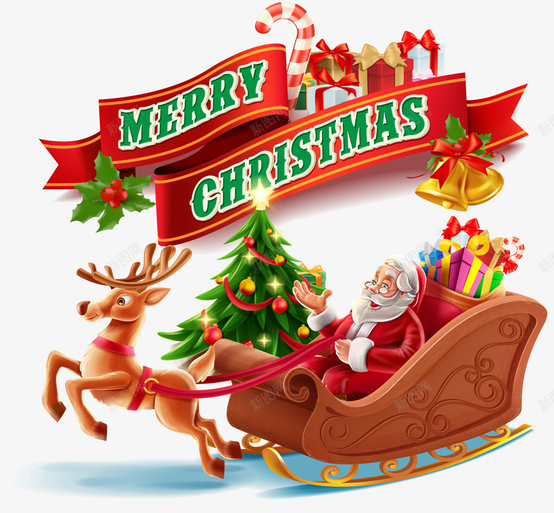 圣诞节棕色麋鹿拉车png免抠素材_88icon https://88icon.com 圣诞树 圣诞老人 圣诞节 棕色雪橇 棕色麋鹿 麋鹿拉车