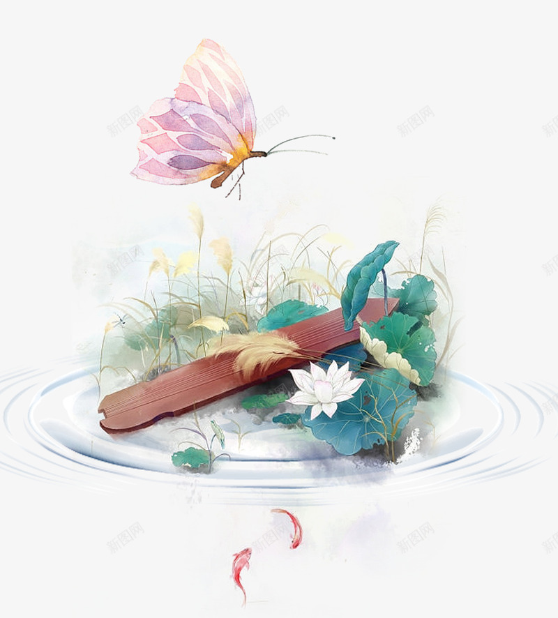 中国风荷塘水池png免抠素材_88icon https://88icon.com 中国风 水彩 芦苇 荷塘 荷花