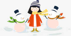 手绘圣诞节小雪人小女孩装饰矢量图素材