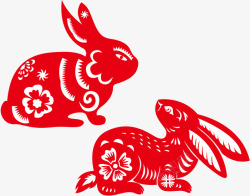 花朵手工红色剪纸兔子高清图片