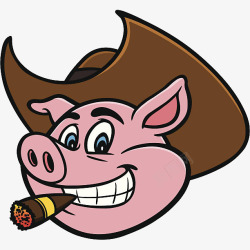 卡通可爱的西部牛仔猪头抽雪茄插素材