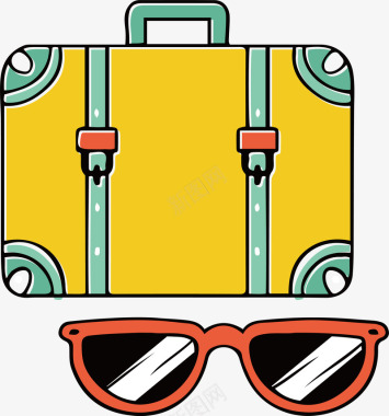 旅游啦遮阳镜黄色旅行包旅游常备物品小矢量图图标图标