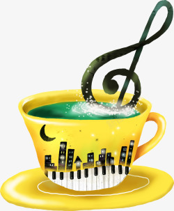 黄色咖啡杯卡通音符手绘素材