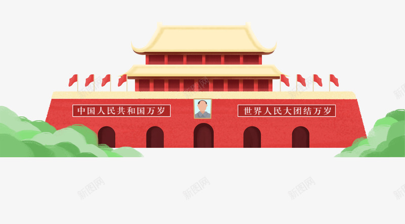 卡通手绘中国风古建筑天安门psd免抠素材_88icon https://88icon.com 中国风 卡通 古建筑天安门 古建筑手绘图 手绘 红旗 红色的城墙 绿色的植物
