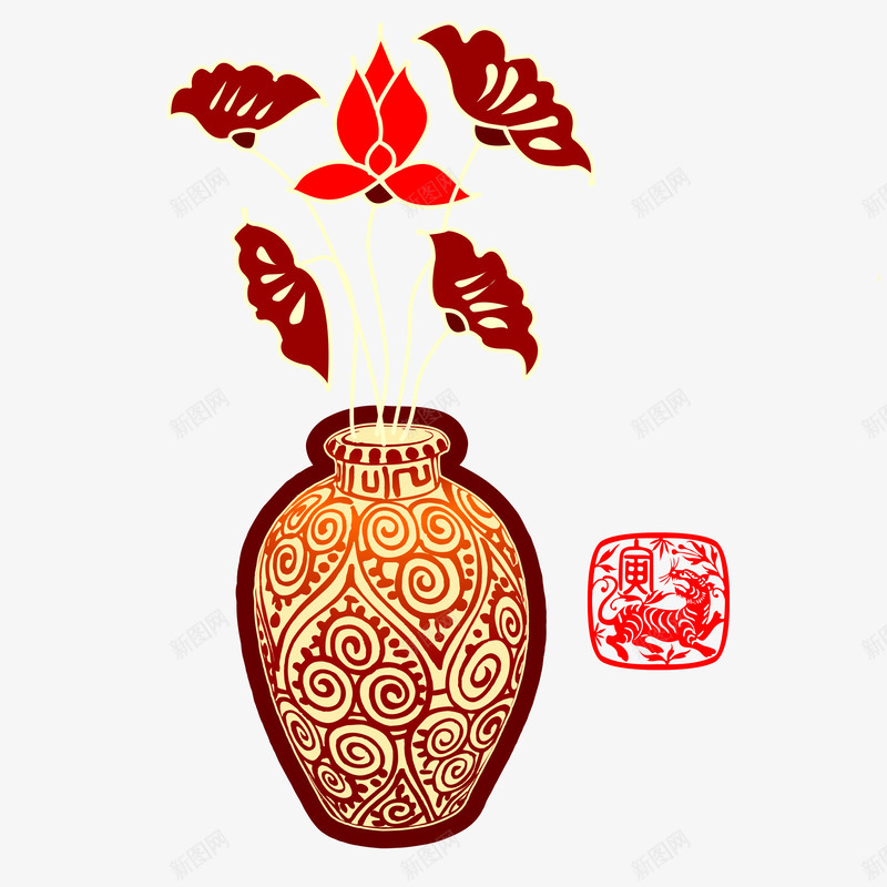 红色中国风节日装饰png免抠素材_88icon https://88icon.com 中国风 元宵 元旦 印章 喜庆 年味 纹理 花瓶 过年 迎春元素