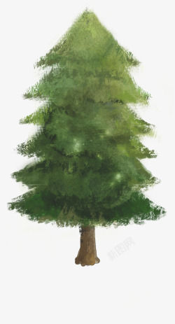手绘绿色冬季雪人圣诞树素材