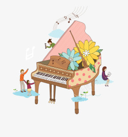 云端免抠PNG卡通手绘鲜花和钢琴高清图片