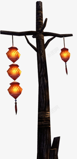 枯树干上的灯笼中国风素材