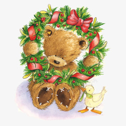 装饰圣诞花环的小熊和鸭子素材