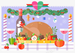 扁平化红酒圣诞节火鸡大餐高清图片