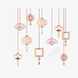 水彩中国风扇子灯笼装饰素材