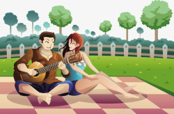 坐在草地弹吉他的情侣矢量图素材