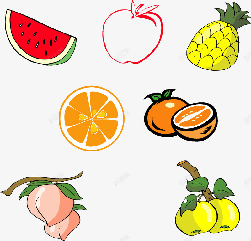 可爱卡通水果png免抠素材_88icon https://88icon.com 柑橘 桃 橙子 线条图 苹果 菠萝 西瓜 雪梨