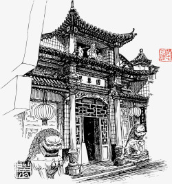 古代名人线描中国古代街边建筑酒楼高清图片