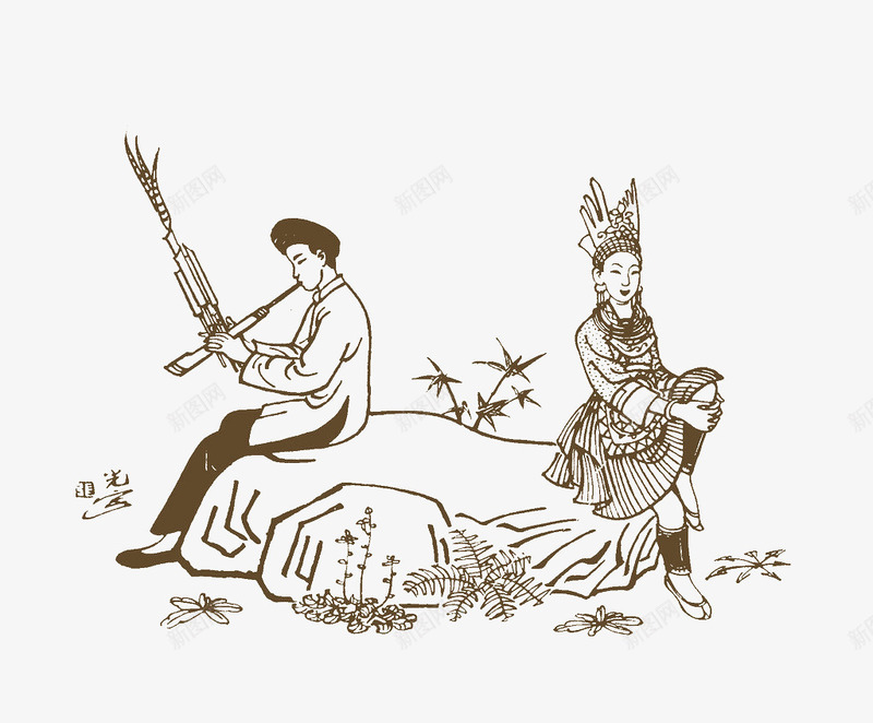 中国画芦笙恋png免抠素材_88icon https://88icon.com 中国风 吹芦笙 少数民族 民族风 芦笙 芦笙乐器 芦笙恋歌 苗族