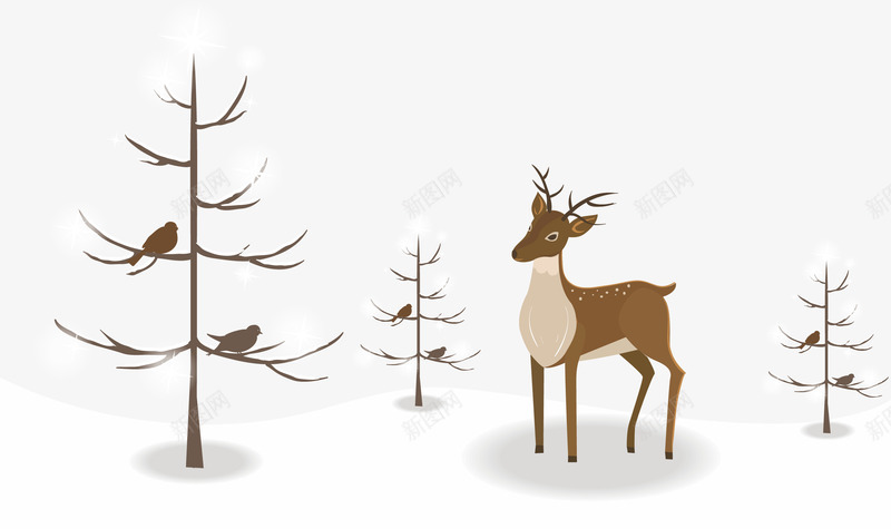 雪地上的驯鹿png免抠素材_88icon https://88icon.com 冰雪球 枯树 雪 雪地 驯鹿 鸟